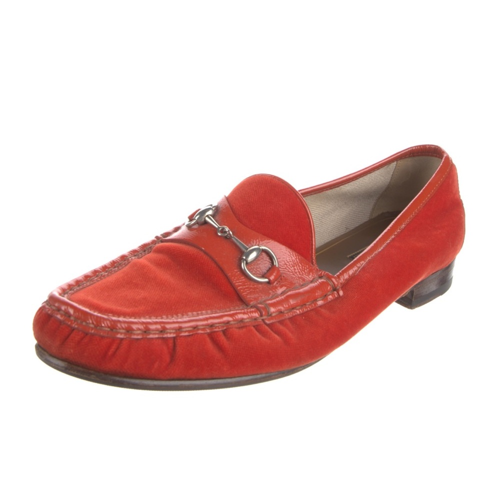 GUCCI
Horsebit Accent Velvet Loafers in orange